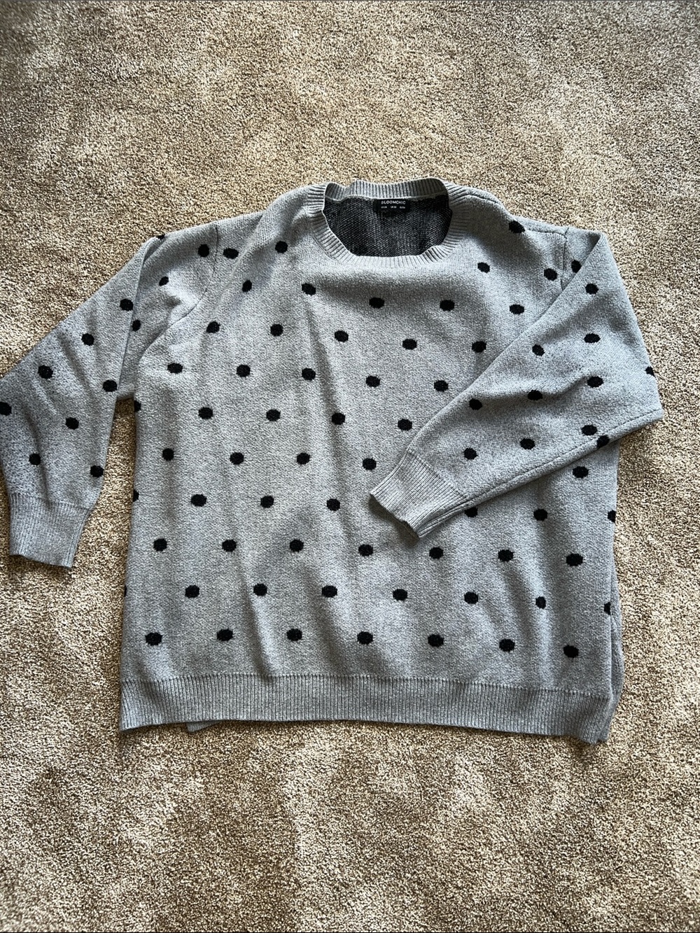 BloomChic Gray Crewneck Sweater with Black Polka Dots